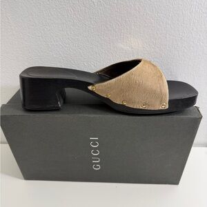 Gucci Tan Haircalf Slide Mules with Gold Buckles
